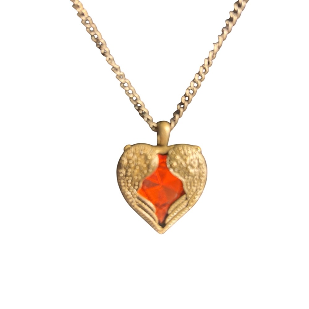 Bronze Heart Wing Necklace Red Crystal Pendant Gothic Victorian Style Romance